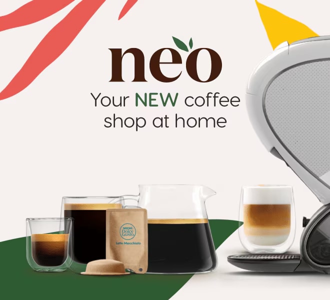 Dolce Gusto Neo Maschine mit verschiedenen Kaffeevariationen