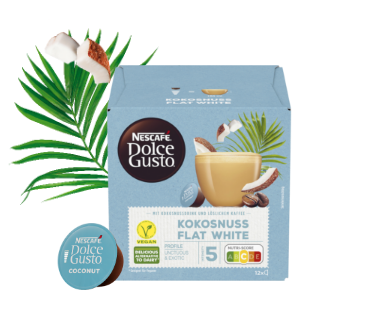 Vegane Kokosnuss Flat White Kapsel mit Verpackung